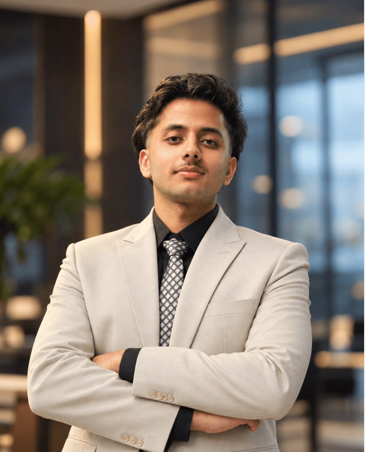 ANZO AI’s founder wearing a light suit with arms folded